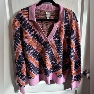 NIC+ZOE Pink and Black Patterned V-Neck Sweater